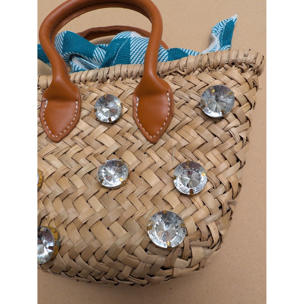 Woven Straw Mini Basket Bag Rhinestone Crystal Gingham Summer Beach Boho - Picture 4 of 8